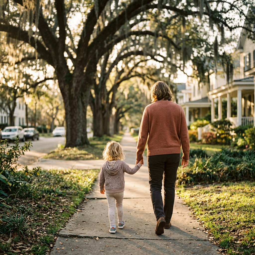 Parent and child walking hand in hand beneath live oaks