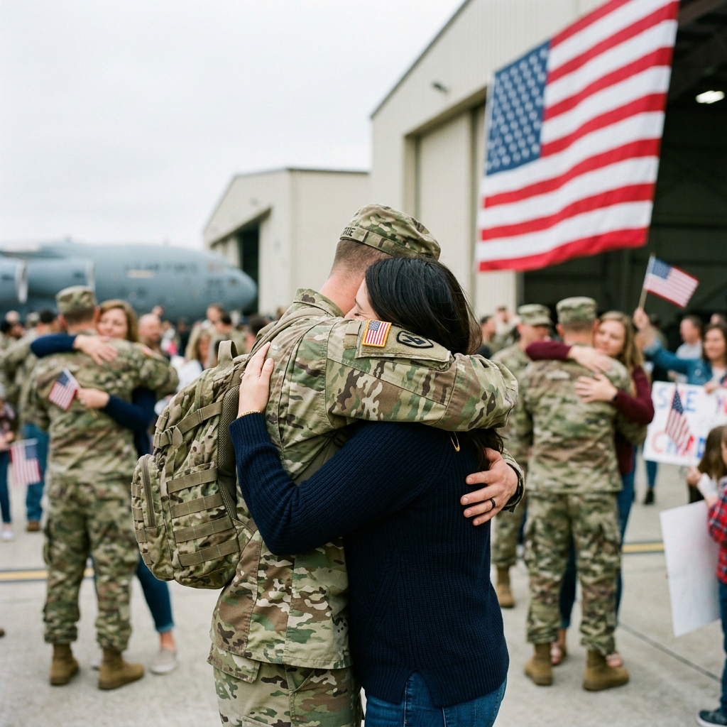 Soldier embracing family at a homecoming with American flag